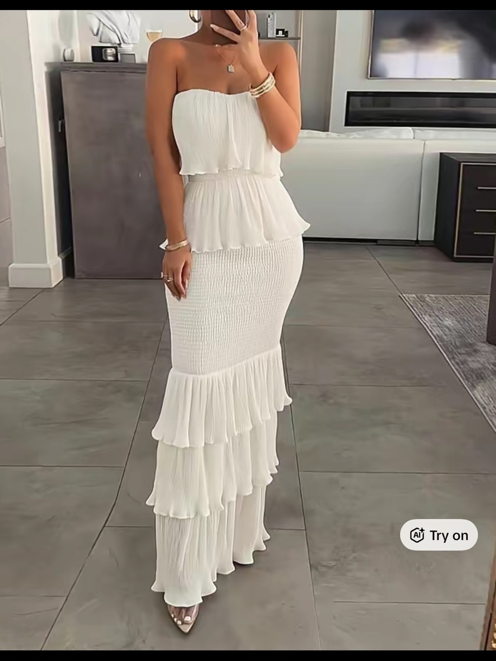 Strapless White Ruffle-Tiered Maxi Dress